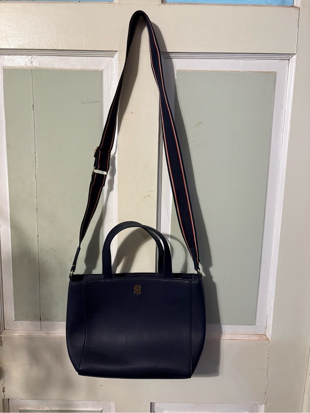 Tommy Hilfiger Navy Leather Tote with Striped Crossbody Strap